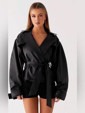 Black leather crop trench